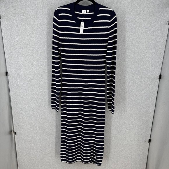 Gap Womens Long Sleeve Knit Midi Sweater Dress Size M Tall Navy White Stripe NEW - Picture 1 of 12